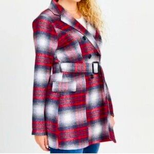 BUCKLE SUPER SOFT FUZZY LONGLINE PLAID FLANNEL BELTED JACKET SIZE MEDIUM NWT